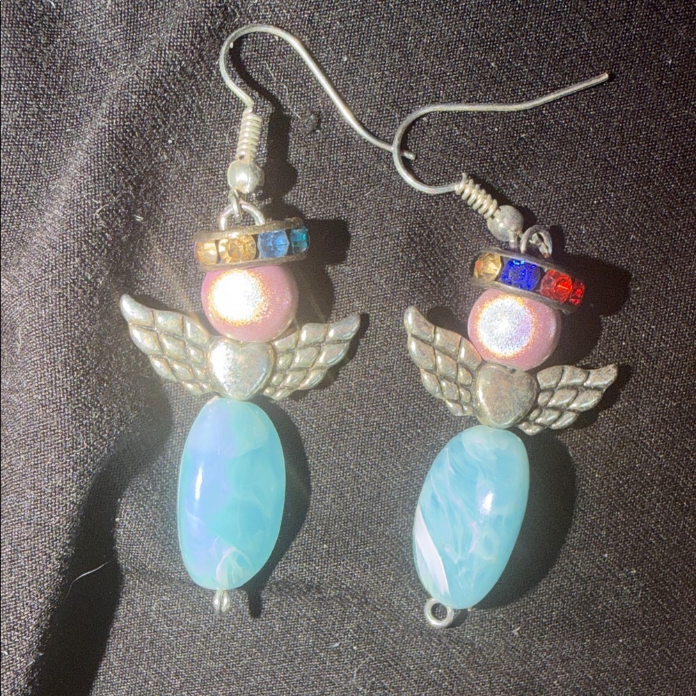 Angel Wing Blue and Pink Earrings with a multi colored halo